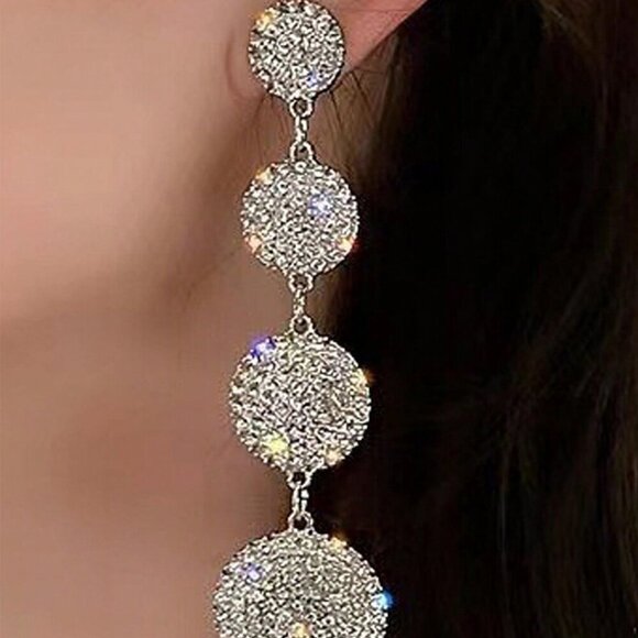 gold or silver toned Women's Luxury Rhinestone Round Long dangling Earrings - Picture 3 of 10